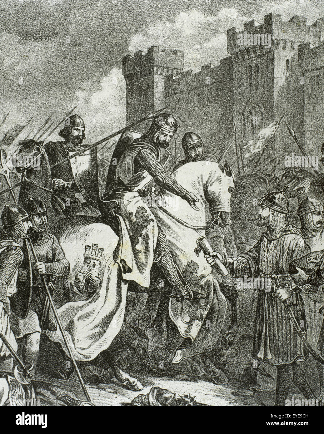 Ferdinando III (c.1201-1252), chiamato Ferdinando il santo. Re di Castiglia e Leon. La rinuncia di Siviglia. Ferdinando III ingresso trionfale in città. Incisione del XIX secolo. Foto Stock