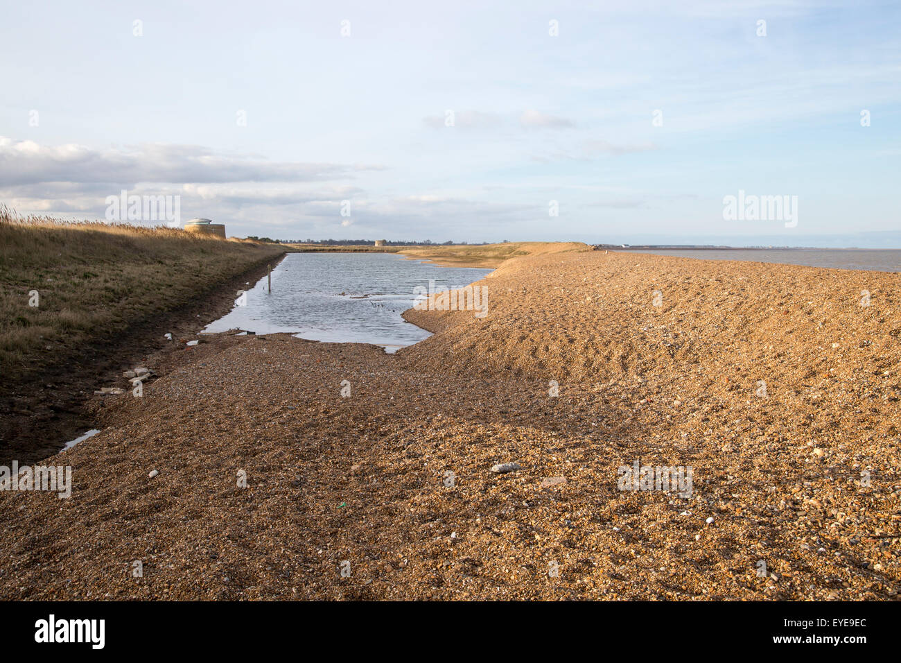 Spiaggia ghiaiosa laguna costiera a East Lane, Bawdsey, Suffolk, Inghilterra, Regno Unito Foto Stock