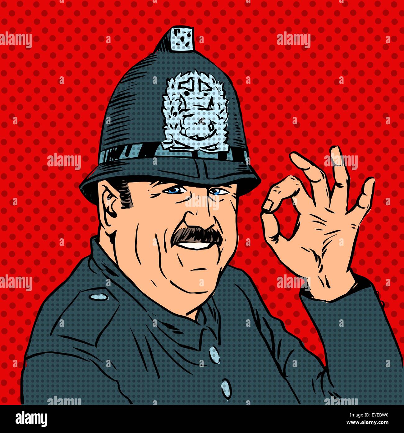 Un buon inglese poliziotto in uniforme e casco mostra gesto OK. Polizia positivo Illustrazione Vettoriale