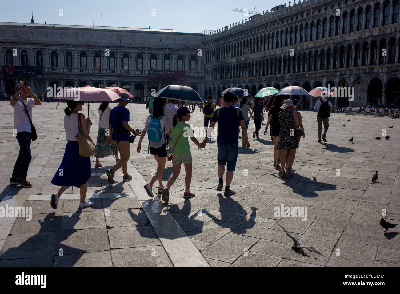 Gruppo di Tour seguire la loro guida in Piazza San Marco, Venezia, Italia Foto Stock