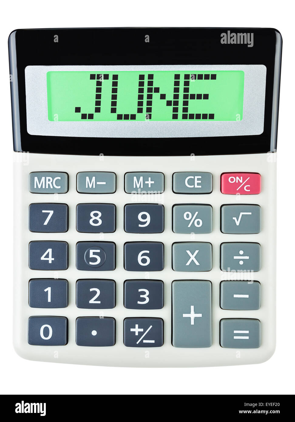 Calcolatrice con giugno sul display isolati su sfondo bianco Foto Stock