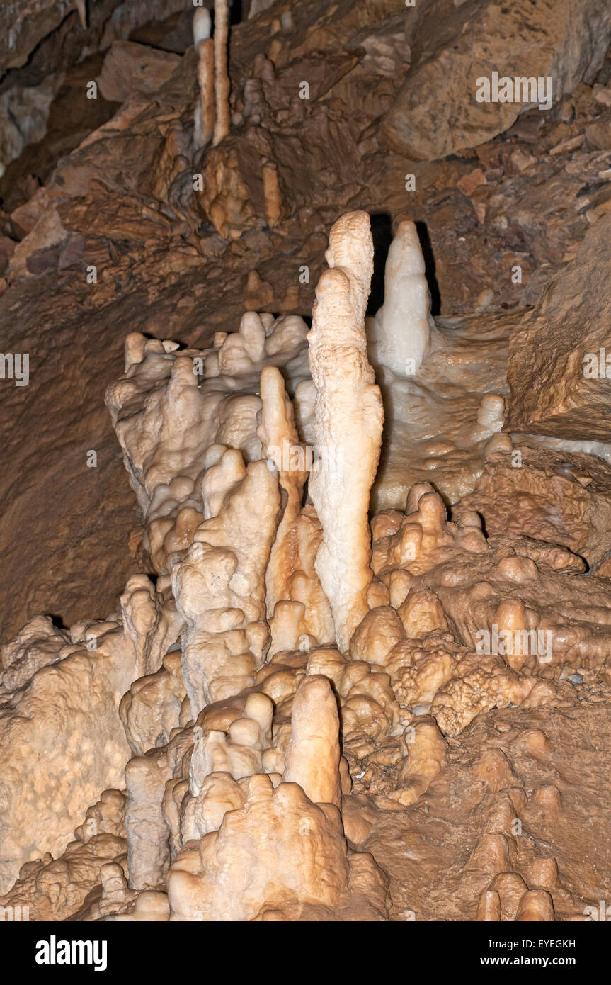 Le stalagmiti nella grotta di pietra calcarea. Foto Stock