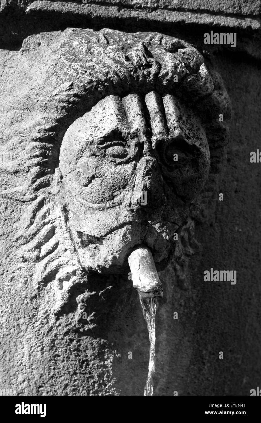 Faccia scolpita su di una antica fontana in Viterbo, Italia Foto Stock