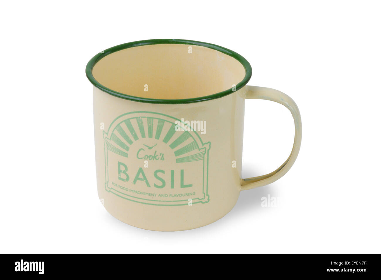 Smaltato metallo stampato bere mug Foto Stock