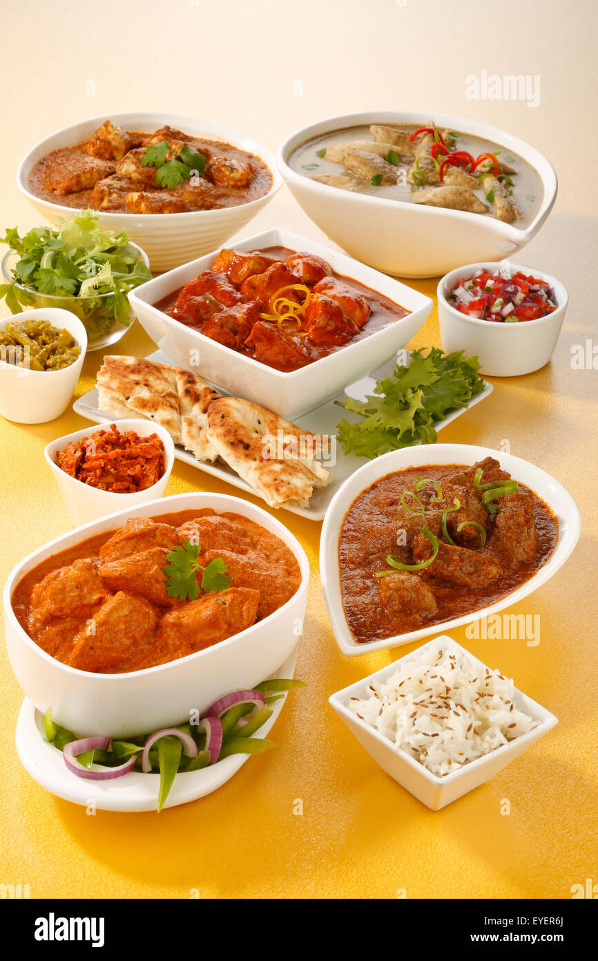 Selezione di curry indiano piatti Foto Stock