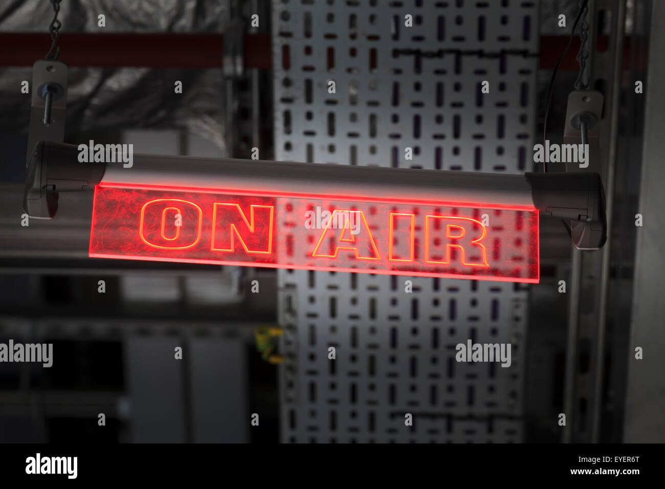 Studio televisivo rosso "on air" segno illuminato Foto Stock