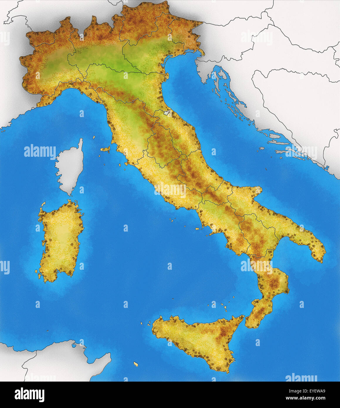 Cartina Fisica dell Italia illustrazione Foto Stock