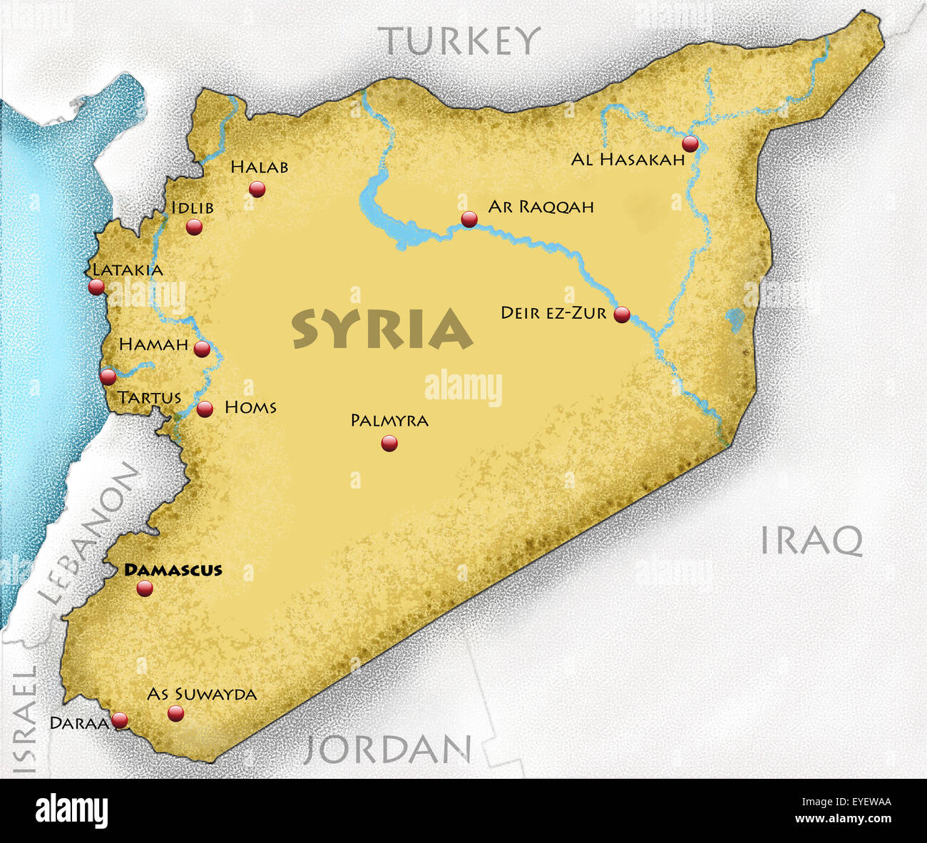 Disegnate a mano Mappa di Siria e paesi vicini Foto Stock