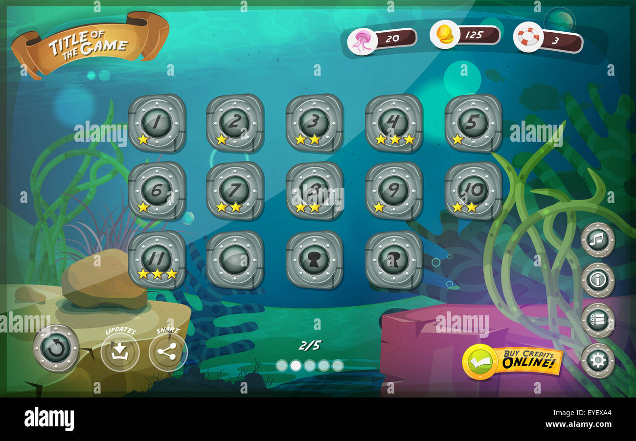 Illustrazione di un divertente mare sottomarino gioco grafico interfaccia utente sfondo, in stile cartoon con pulsanti di base e le funzioni, Foto Stock