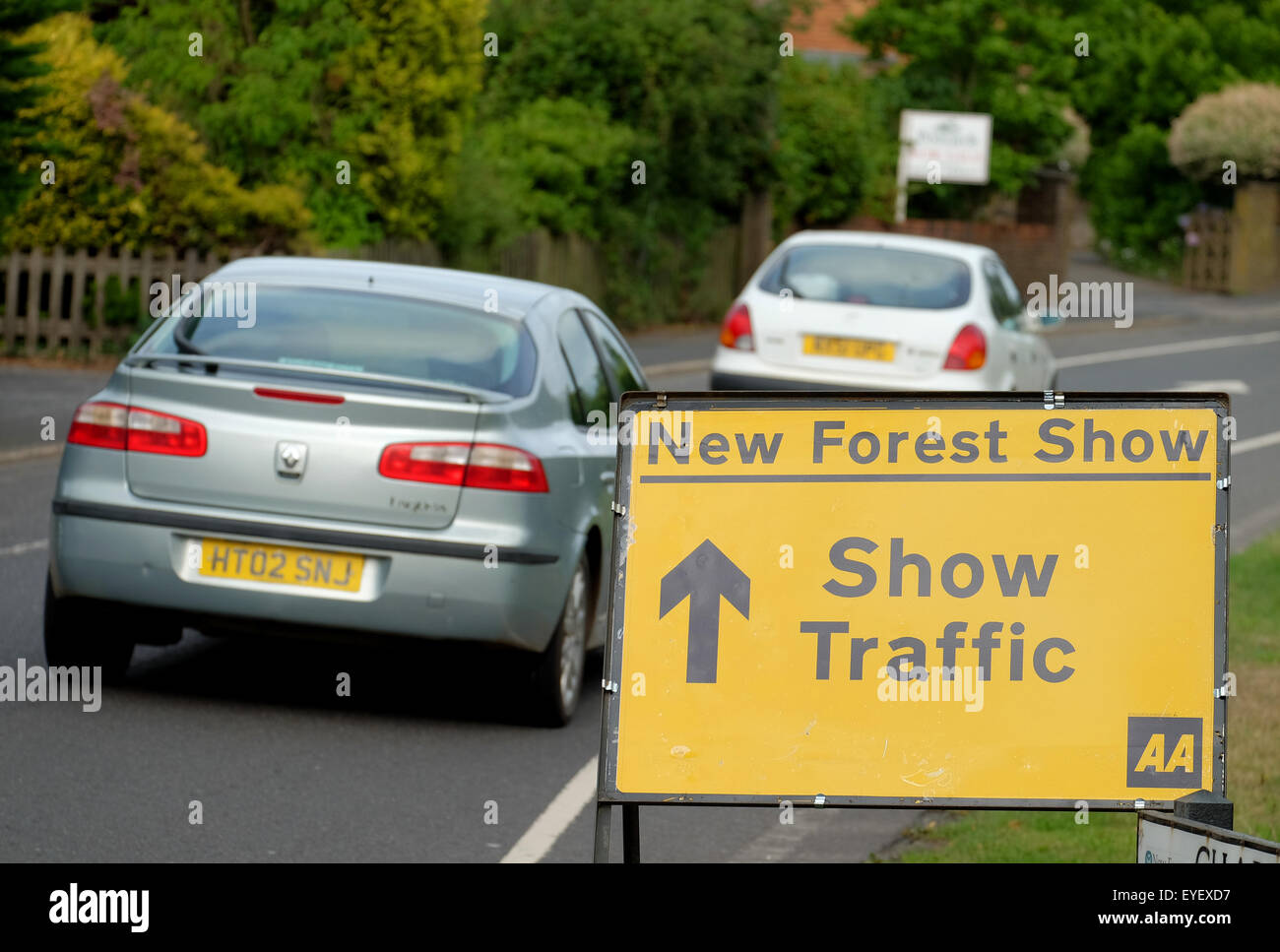 Cartello stradale per la Nuova Foresta mostrano con il traffico in background Foto Stock
