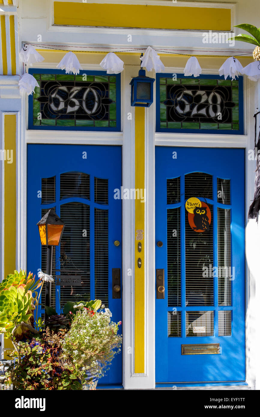 Un paio di porte anteriori blu dai colori vivaci all'ingresso di una casa nella Noe Valley San Francisco CA, USA Foto Stock