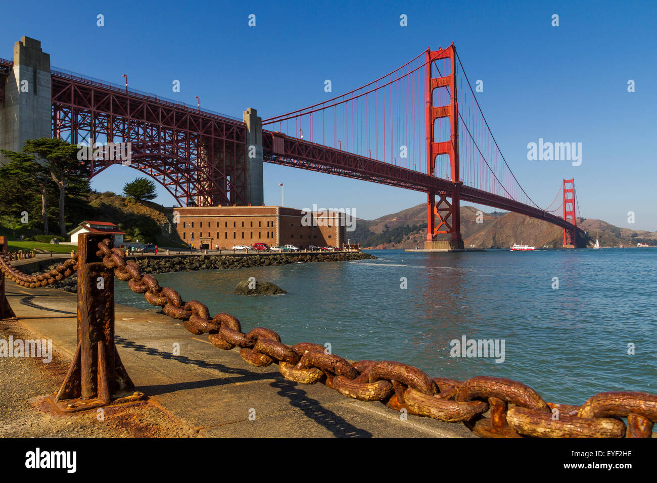 Fort Point si trova sotto il Golden Gate Bridge che ha aperto nel 1937 collegando San Francisco a Marin County, San Francisco, California Foto Stock