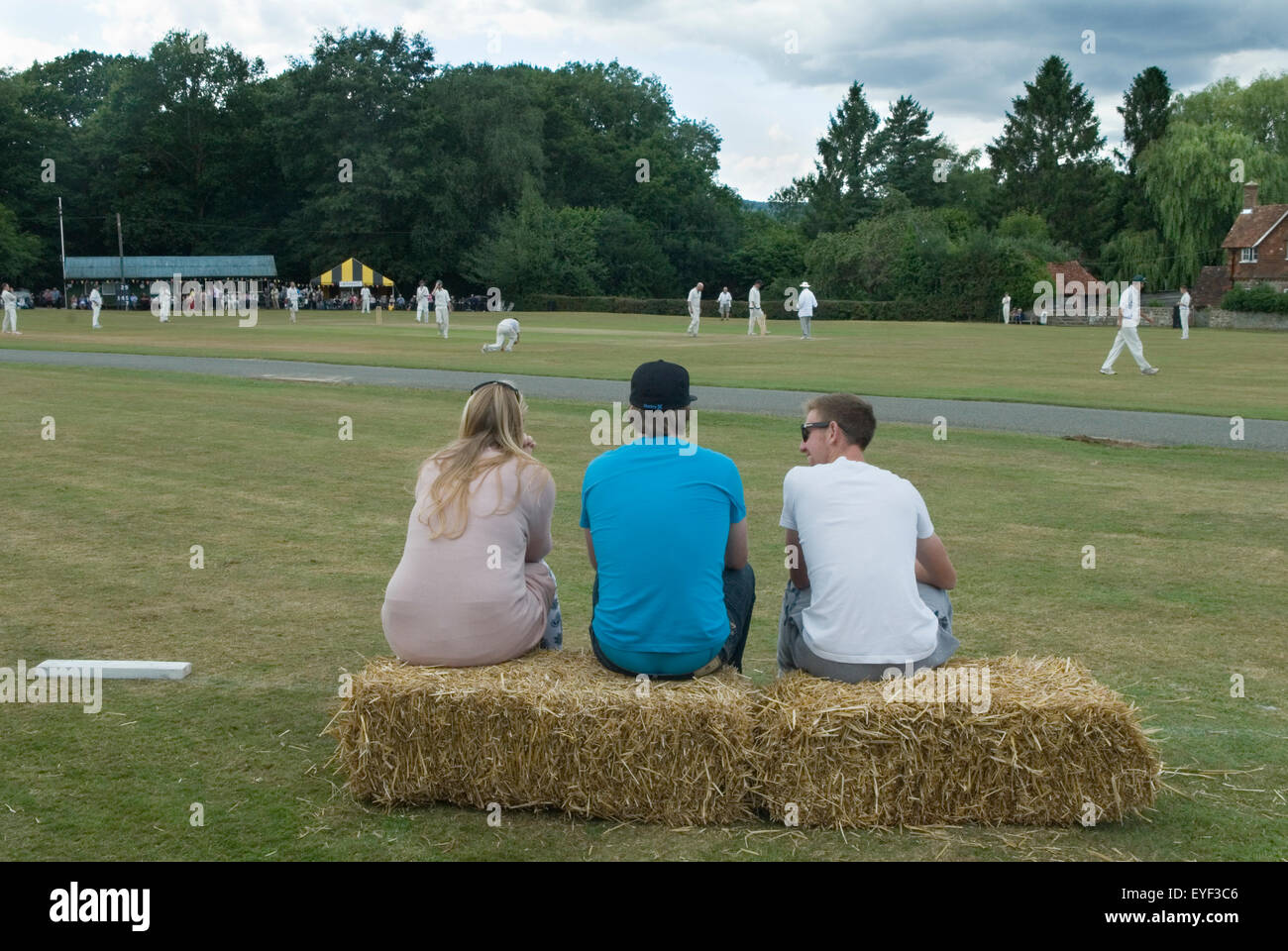 Nel pomeriggio, le persone si rilassano e guardano una partita di cricket degli anni '2015 2010, Ebernoe Nr Petworth West Sussex, Inghilterra, Regno Unito, HOMER SYKES Foto Stock