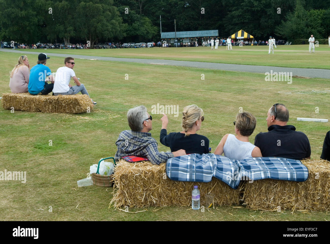 Pomeriggio pigro al Village Cricket, la gente si rilassa e guarda una partita di cricket 2015 2010s Sussex Nr Petworth West Sussex, Inghilterra Regno Unito HOMER SYKES Foto Stock