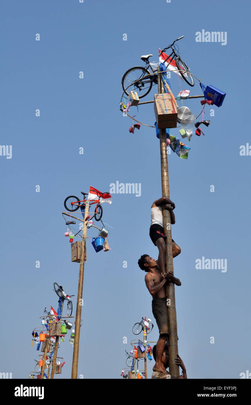 Noci di arec Noce concorrenza rampicante o Panjat Pinang è una delle attività del popolo indonesiano per celebrare l'indipendenza Foto Stock