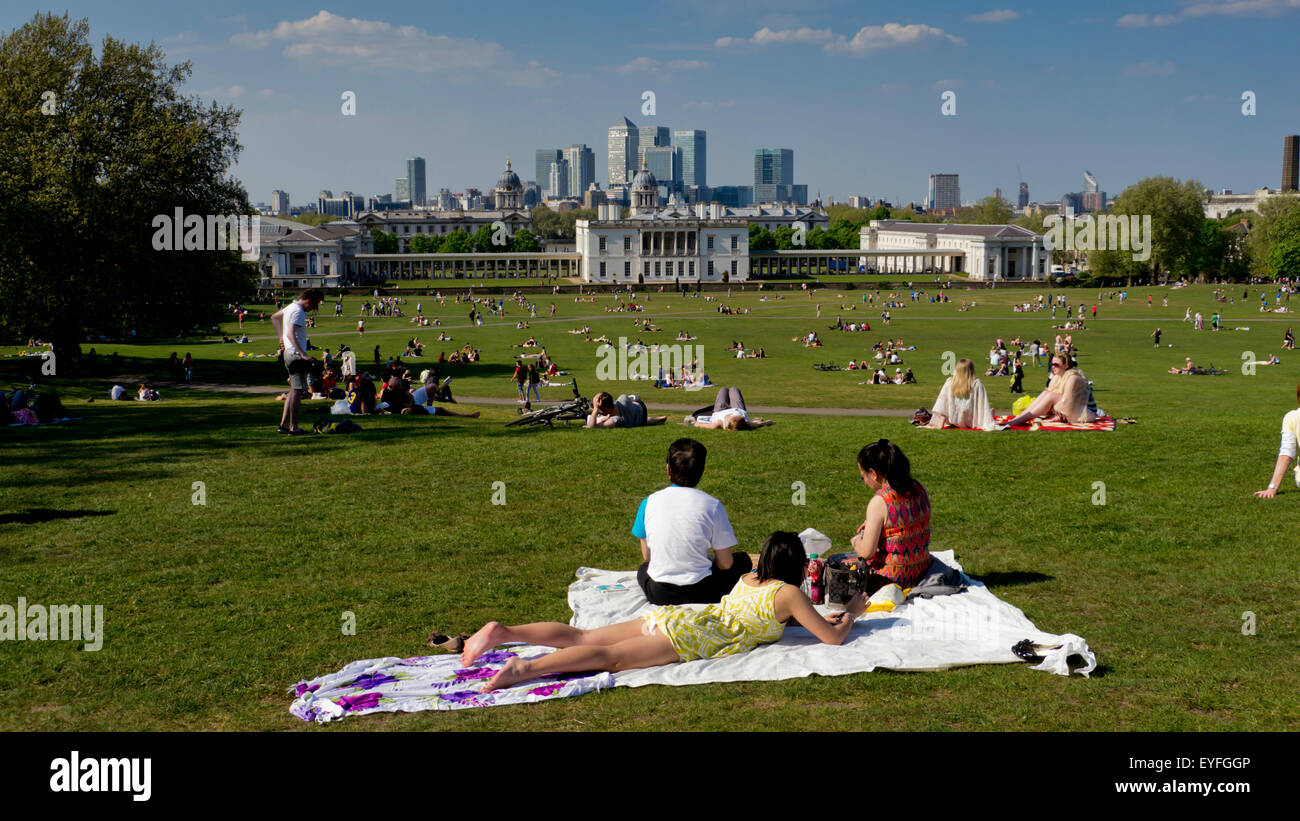 Regno Unito, Inghilterra, Londra, Canary Wharf Isle of Dogs da Greenwich. Foto Stock