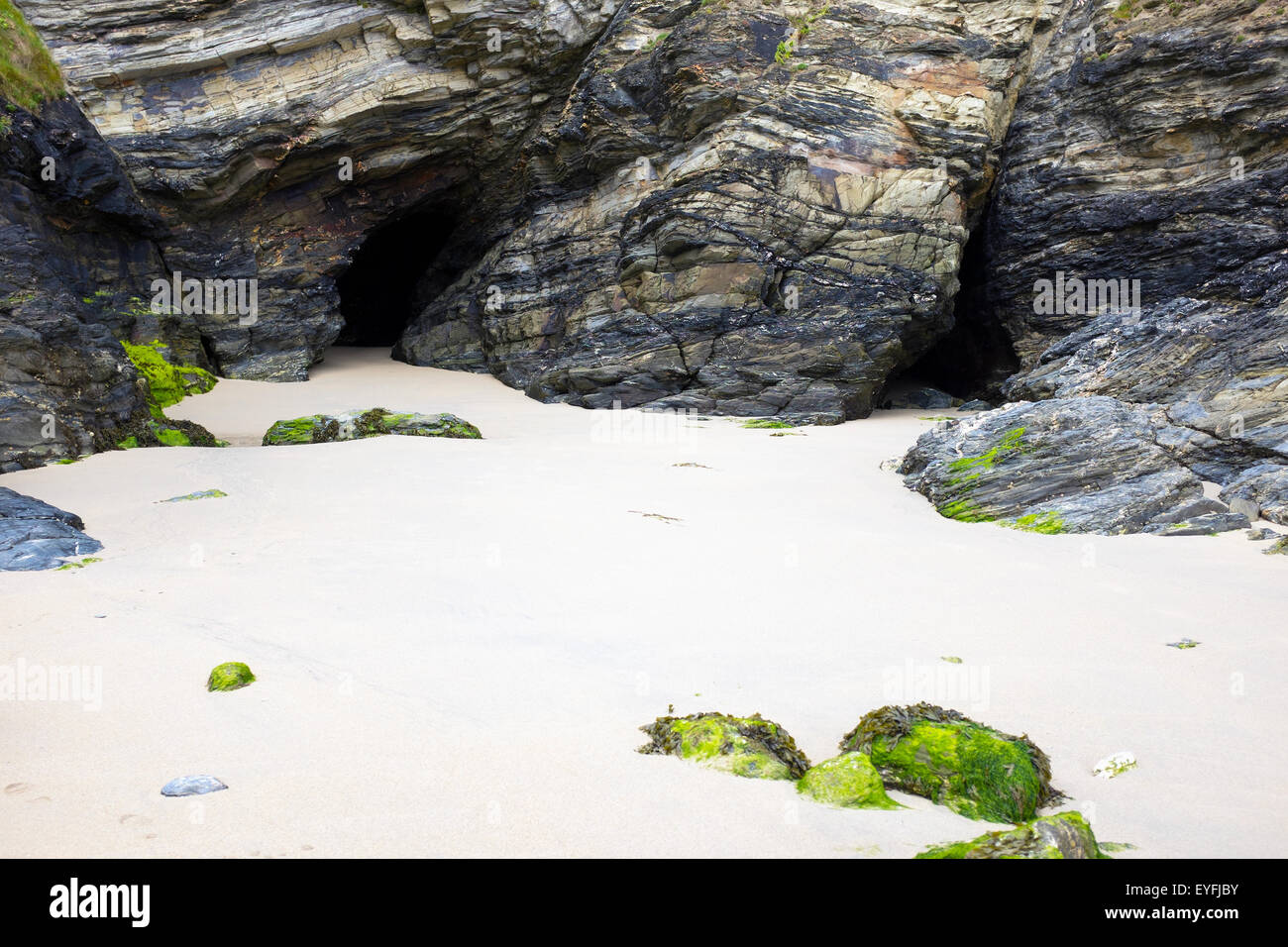 A bassa marea sulla spiaggia Portreath in Cornovaglia rivela una serie di grotte nascoste. Foto Stock