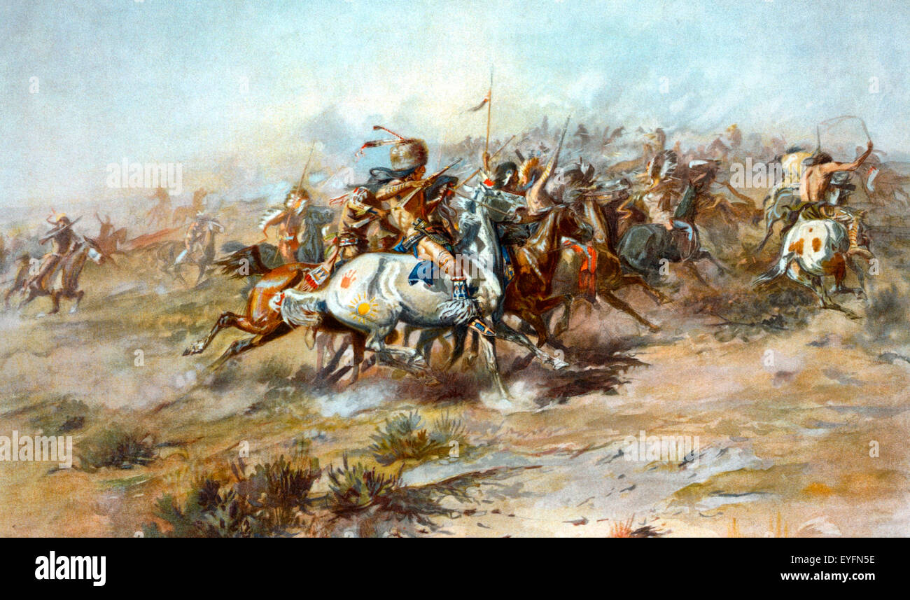 'Il Custer lotta' di Charles Marion Russell. Litografia. Mostra la battaglia di Little Bighorn, dal lato indiano. Foto Stock