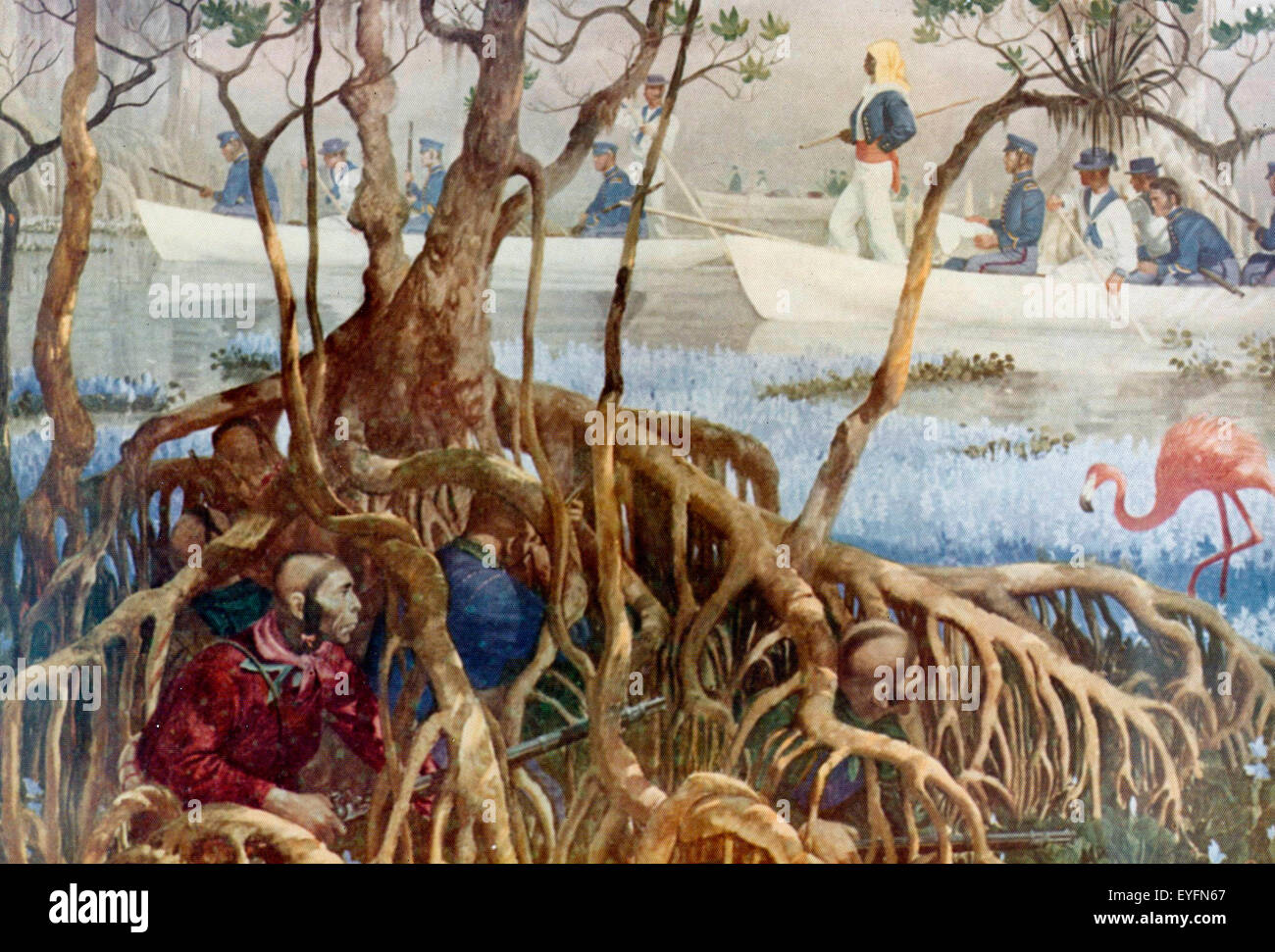 Stati Uniti Marines ricerca per gli Indiani tra le mangrovie durante la Guerra di Seminole 1835-1842 Foto Stock