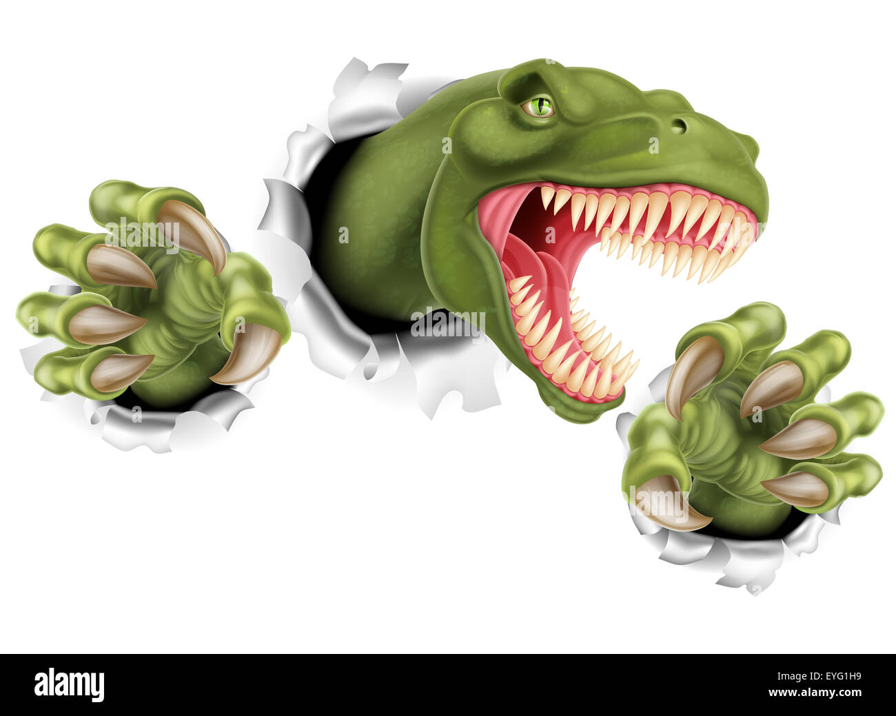 Un T Rex Tyrannosaurus Rex dinosauro graffiare, rip e lacerazione attraverso lo sfondo con i suoi artigli Foto Stock