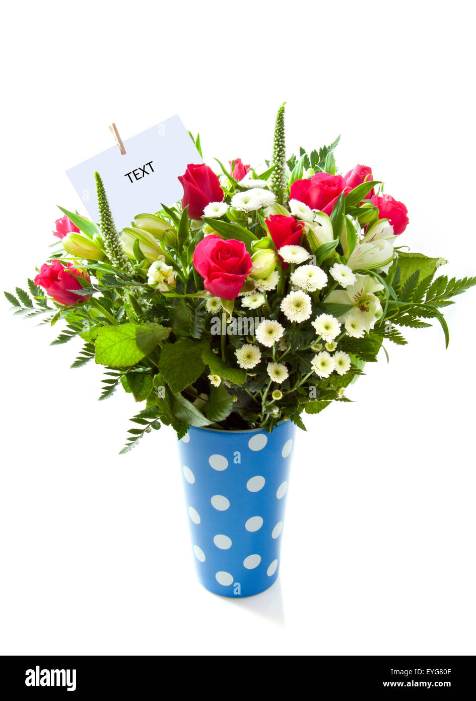 Bouquet con diversi tipi di fiori in un blue spotted vaso su bianco Foto Stock