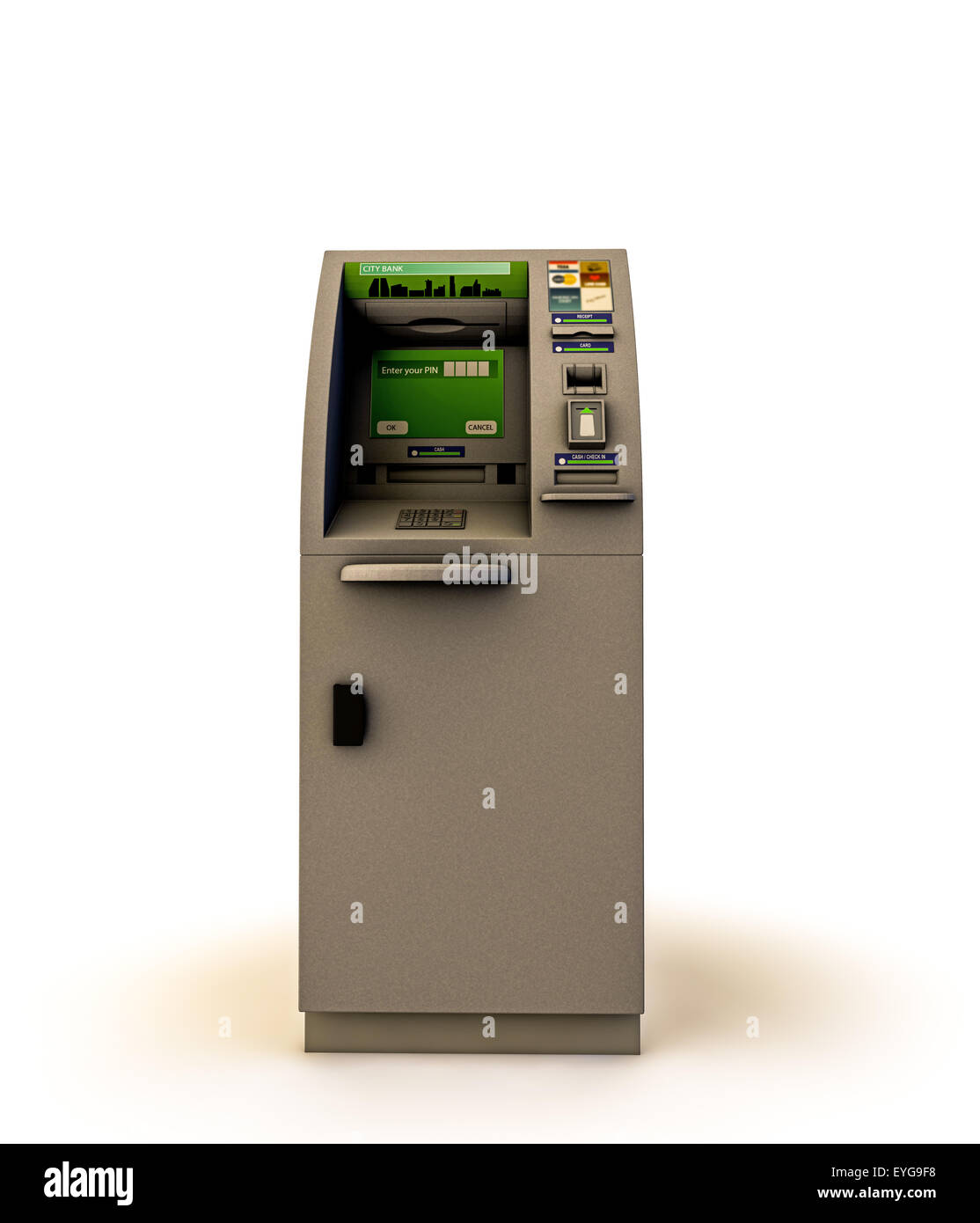 Casella di atm isolati su sfondo bianco Foto Stock