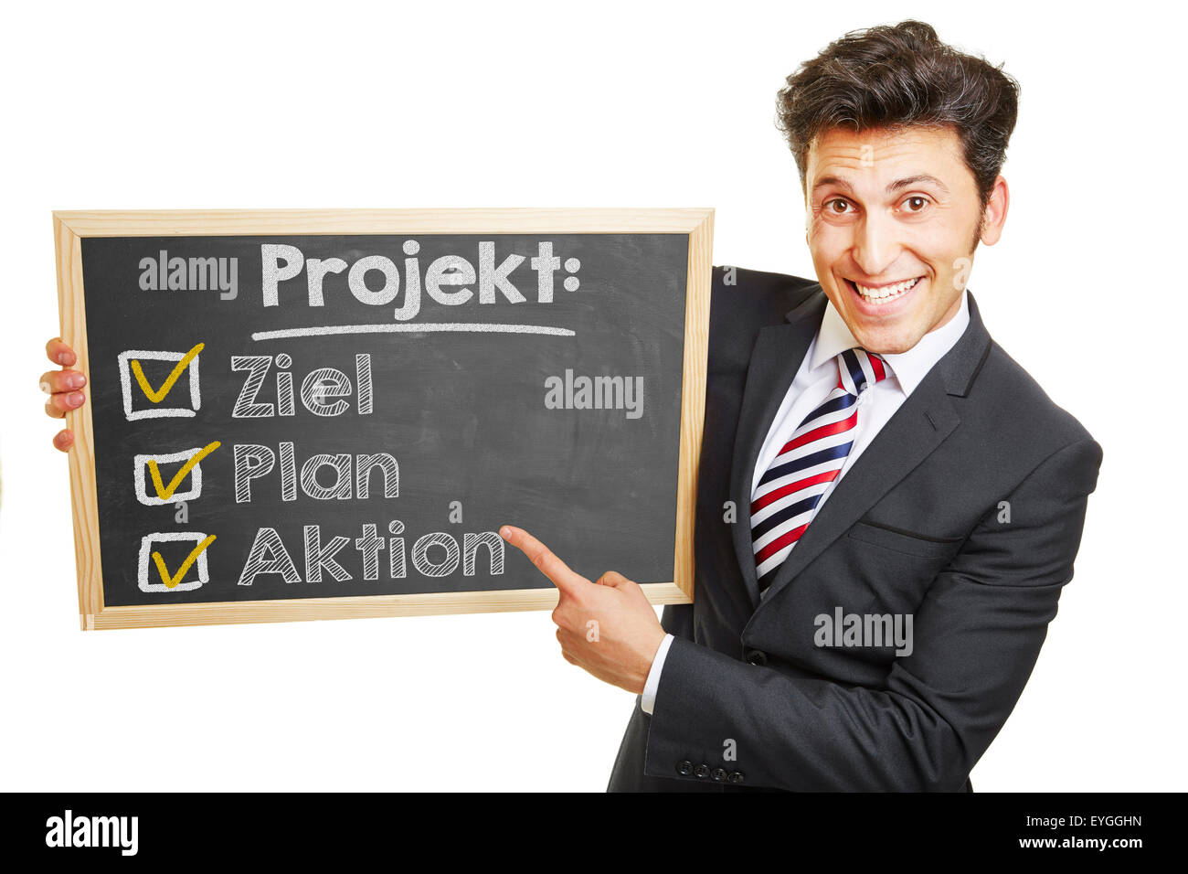 Progetto tedesco piano 'Projekt: Ziel, pianta Aktion" (progetto: Meta, Piano, azione) su un clipboard Foto Stock