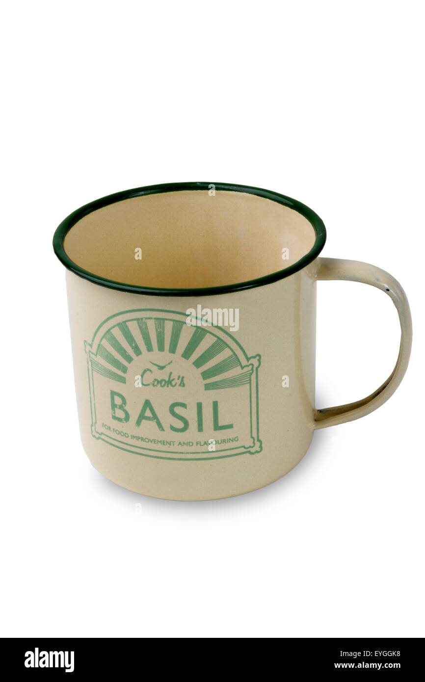 Smaltato metallo stampato bere mug Foto Stock