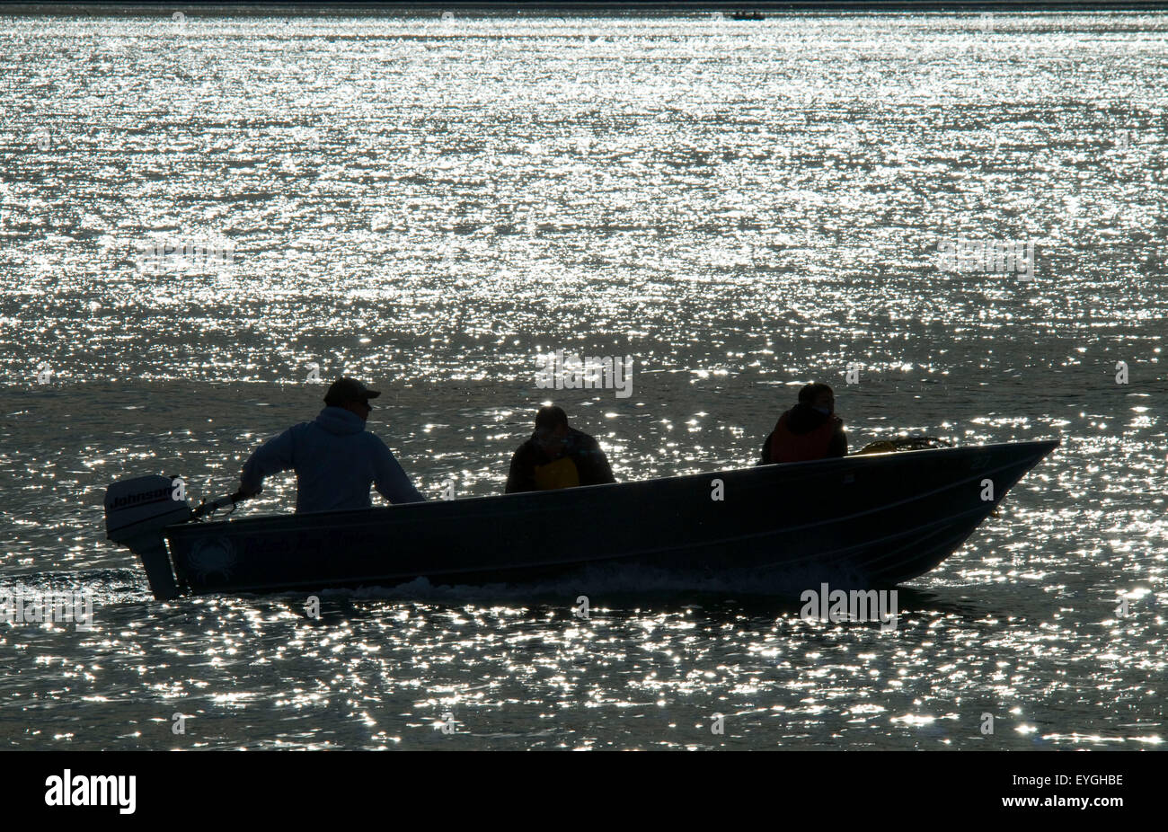 Barca da pesca silhouette nella baia di Netarts Netarts, barca di atterraggio di lancio, Oregon Foto Stock