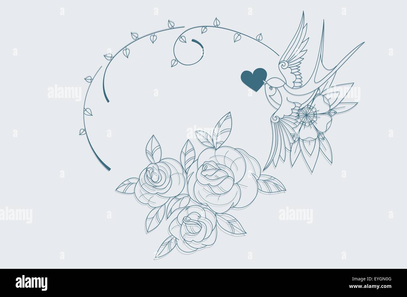 Tema d'amore pagina di colorazione della vecchia scuola di segni di tatuaggio Illustrazione Vettoriale