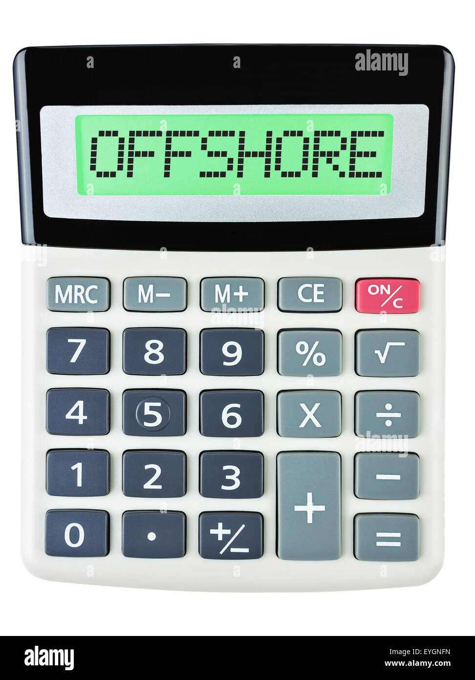 Calcolatrice con offshore sul display isolati su sfondo bianco Foto Stock