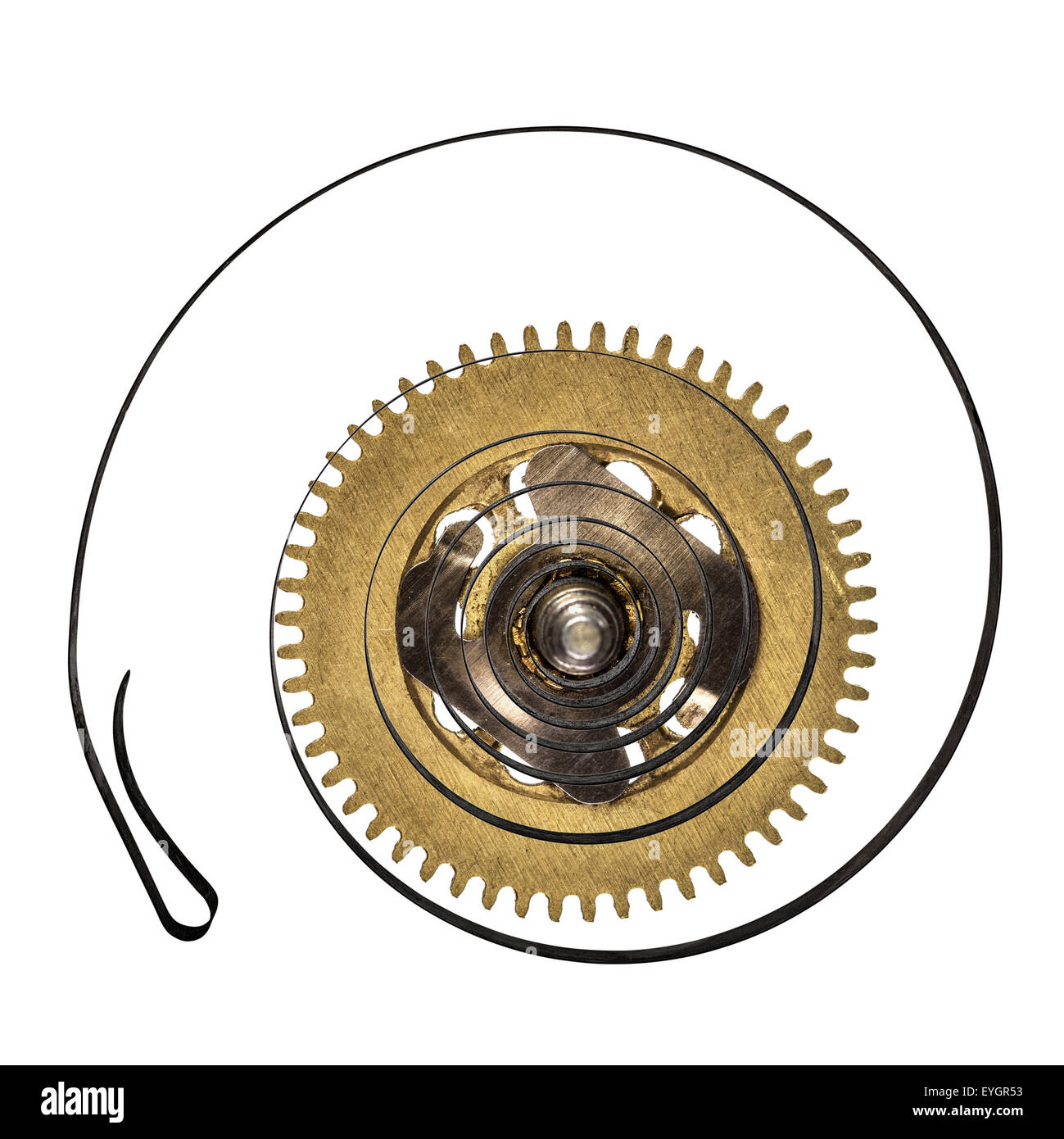Molla di orologio con molla, isolato su bianco Foto Stock