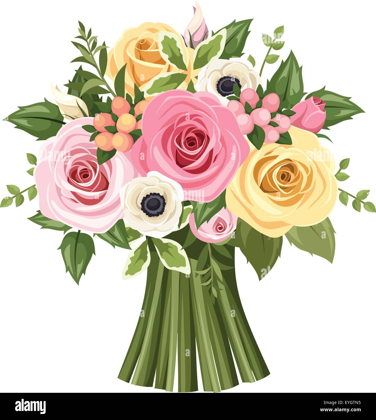 Bouquet di rose colorate e fiori di anemone. Illustrazione Vettoriale. Illustrazione Vettoriale
