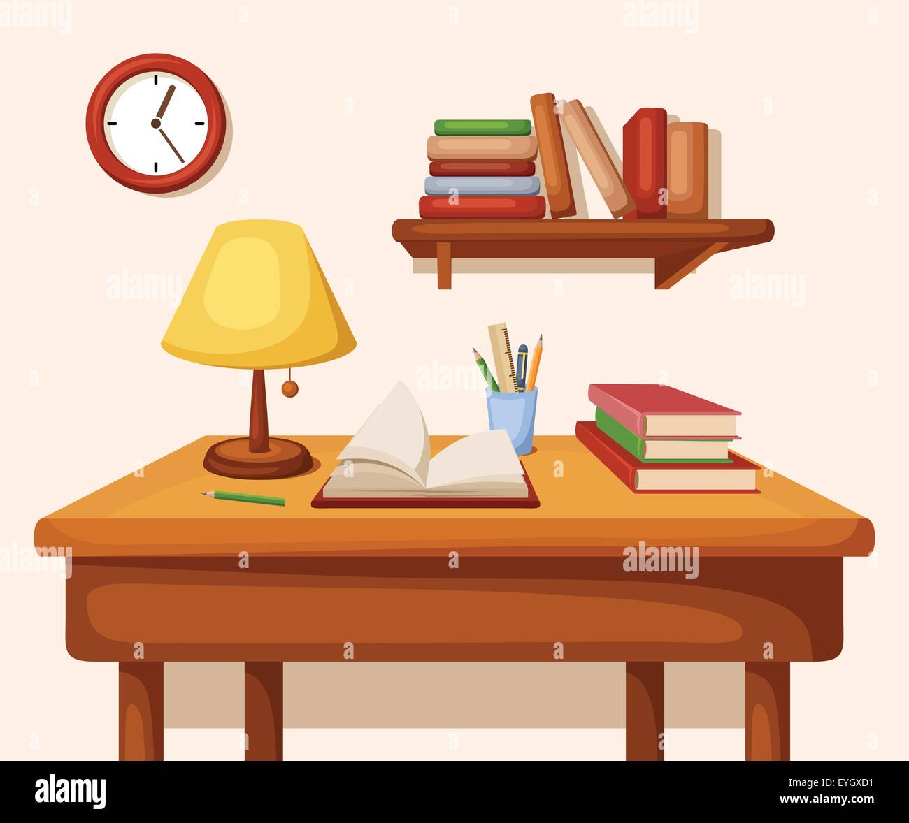 Tavolo con libri e lampada su di esso, il ripiano e l'orologio. Interno del vettore. Illustrazione Vettoriale