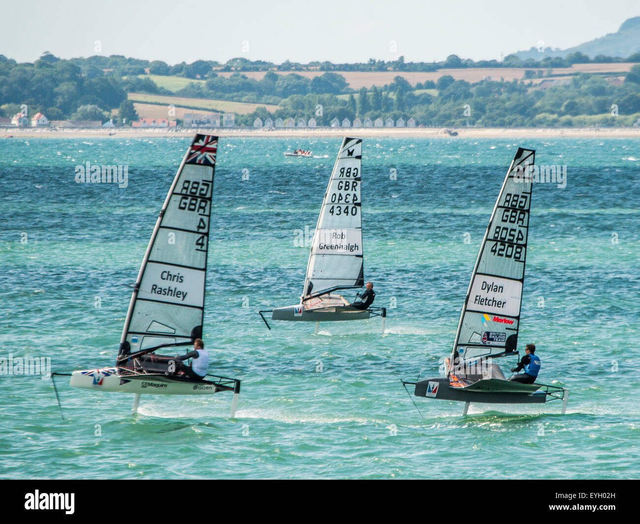 Chris Rashley, Rob Greenhaigh & Dylan Fletcher moth racing per il team GBR nel Solent portsmouth Foto Stock