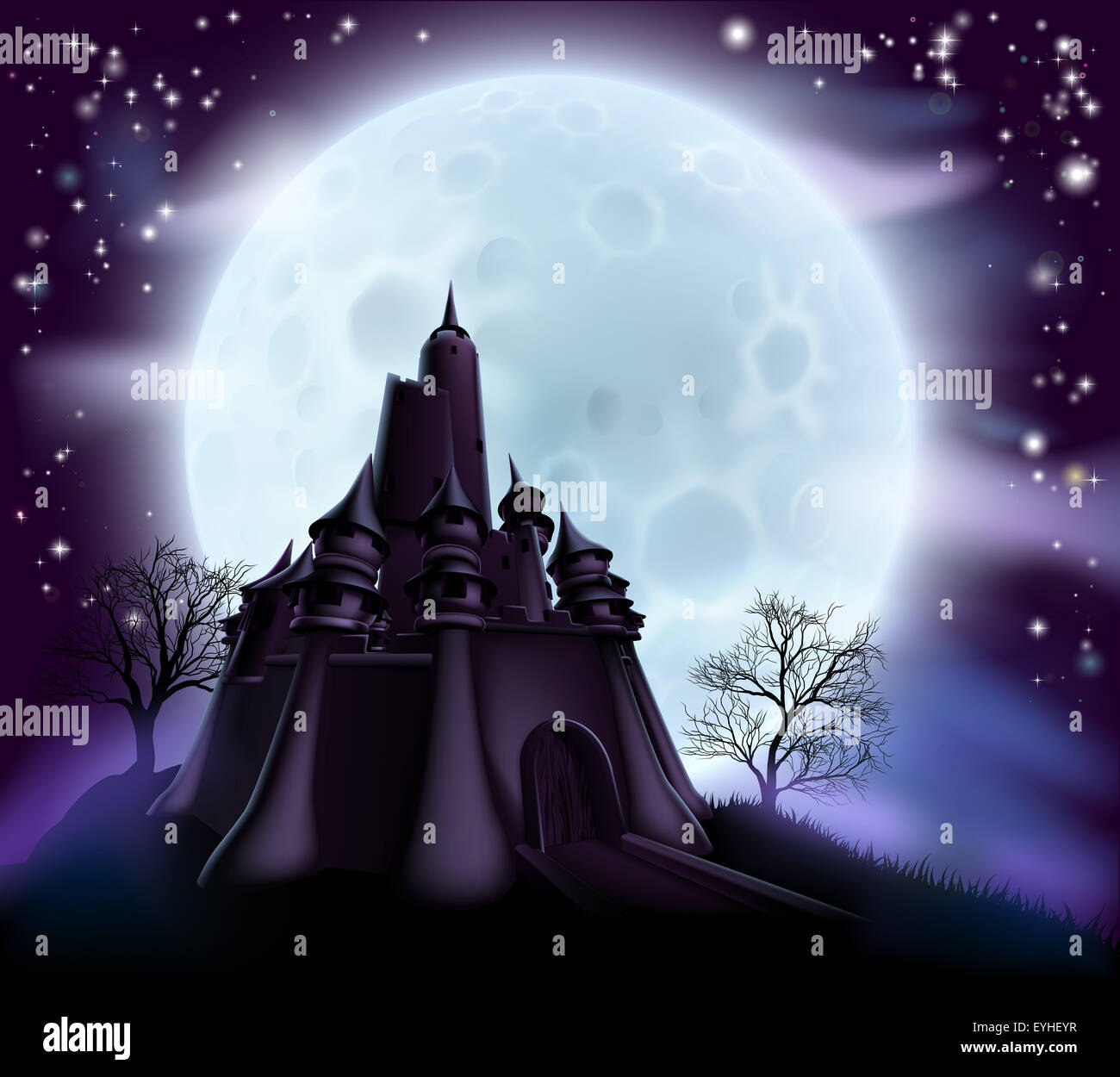 Il castello di Halloween di sfondo con un spooky haunted castle e alberi su una collina stagliano contro una luna piena Foto Stock
