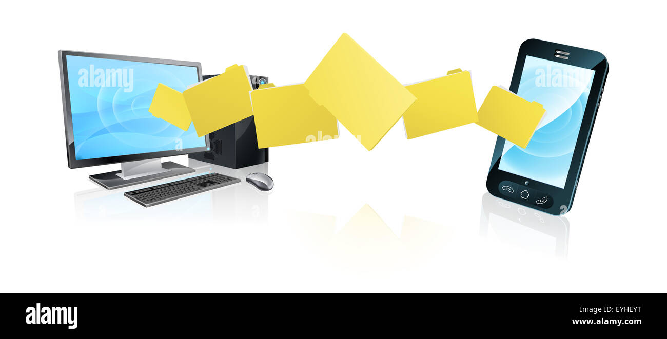 Computer file telefono concetto di trasferimento di file o cartelle in movimento tra un computer desktop e il telefono cellulare Foto Stock