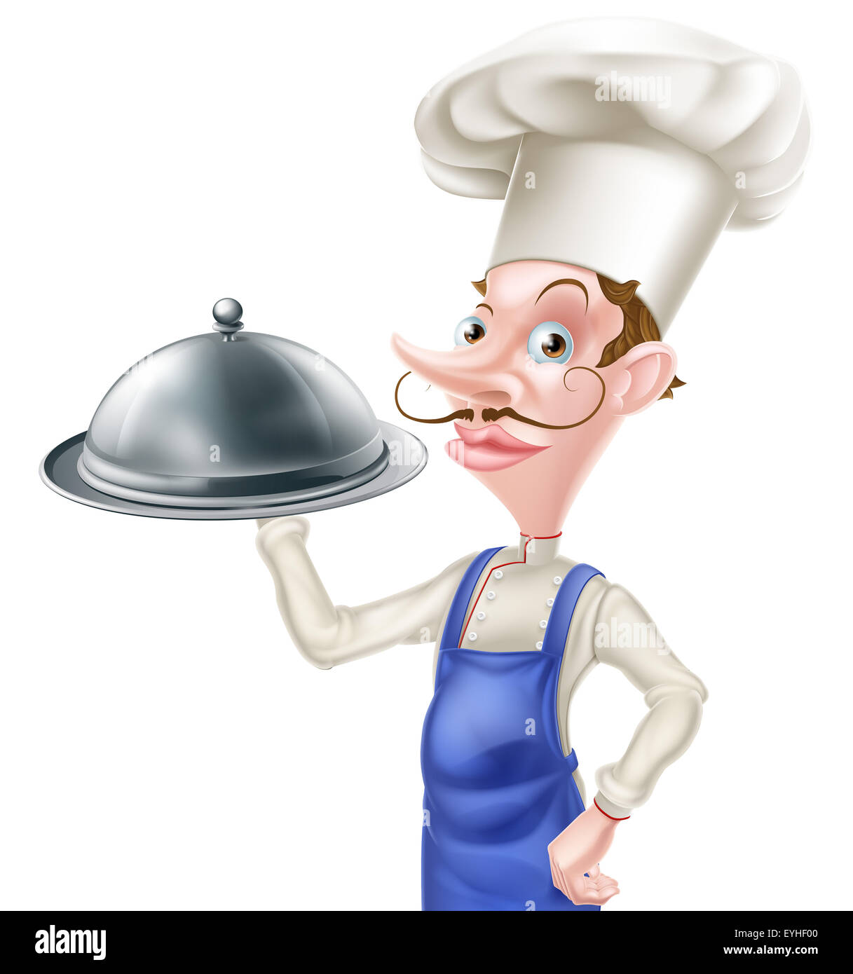 Una illustrazione di un cartoon chef tenendo un vassoio o dome color argento Foto Stock