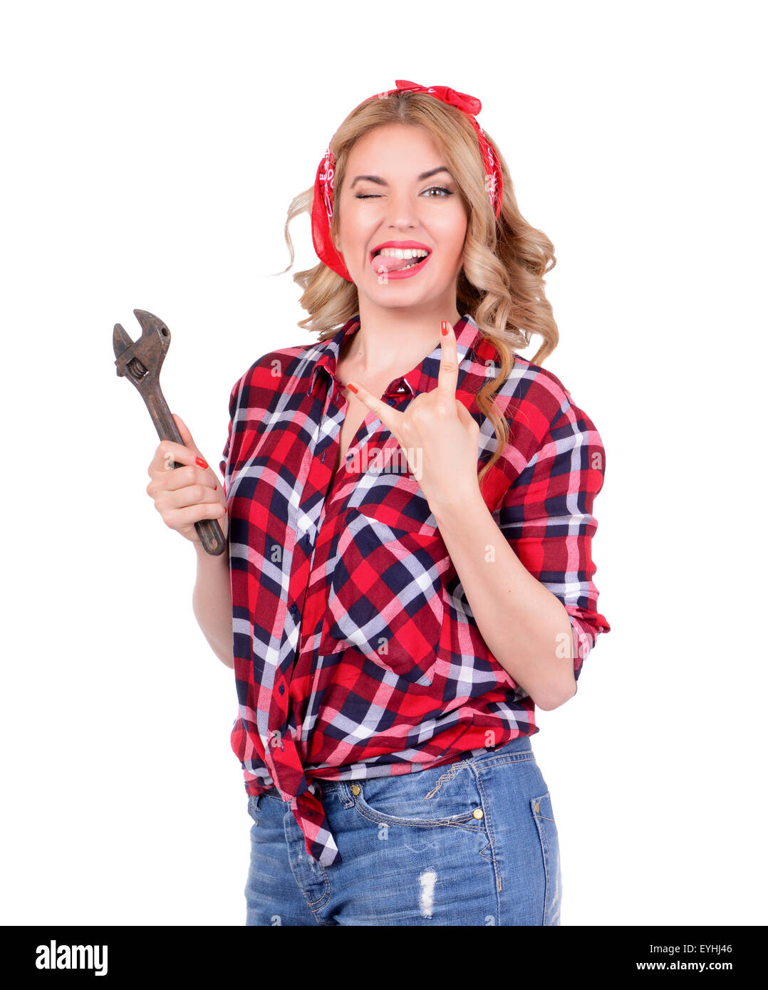 La bionda contiene una chiave su sfondo bianco Foto Stock