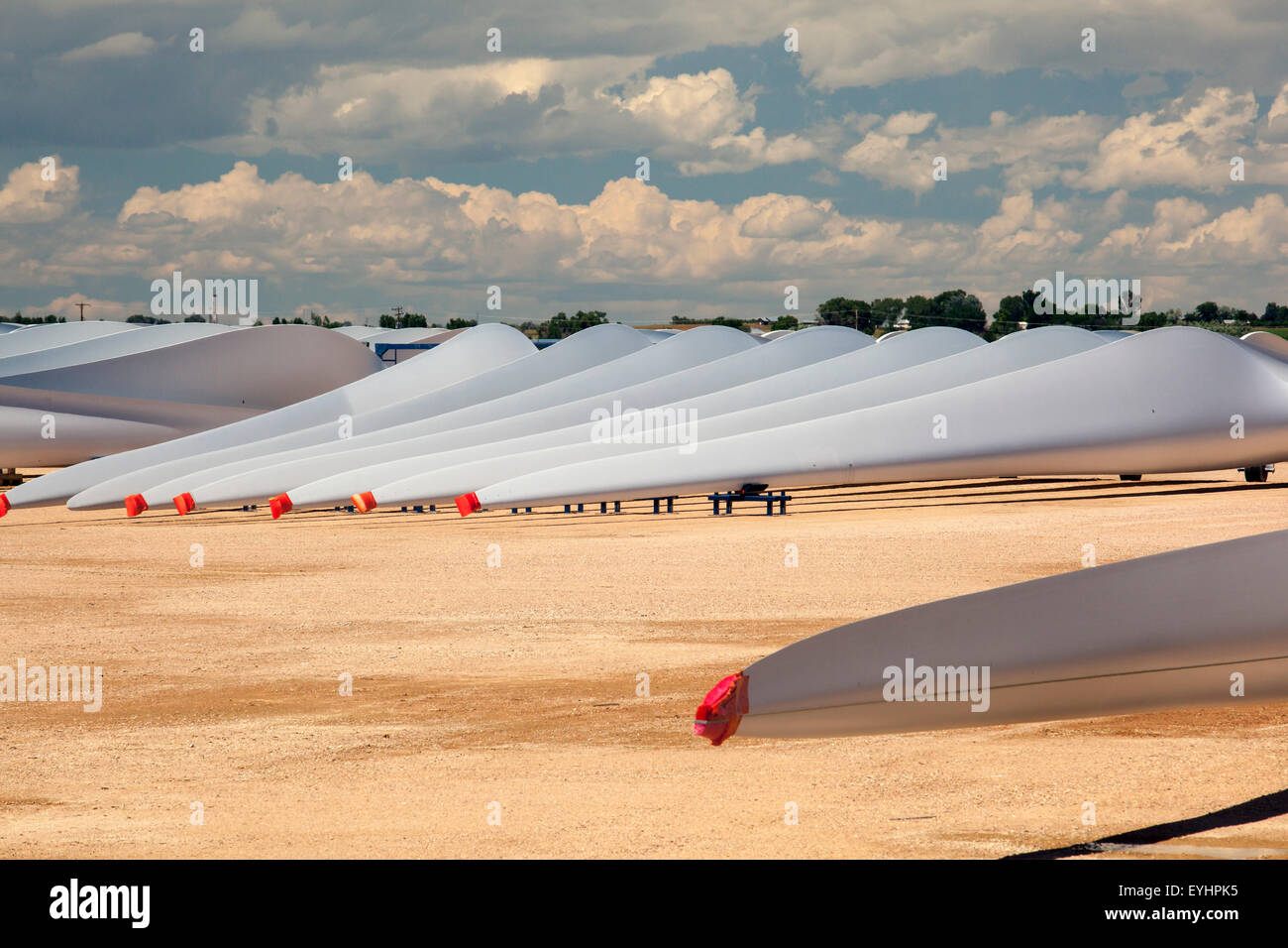 Windsor, Colorado - pale per turbine eoliche memorizzati al di fuori di Vestas Wind Systems fabbrica. Foto Stock