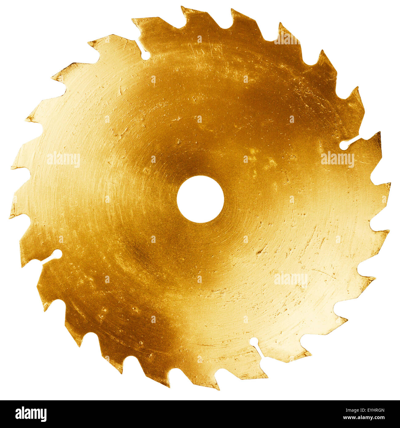 Dipinto in colore oro lama sega circolare isolato su bianco Foto Stock