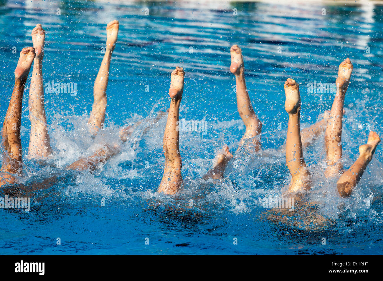 I nuotatori sincronizzati alle gambe in piscina. Sport estivi. Foto Stock