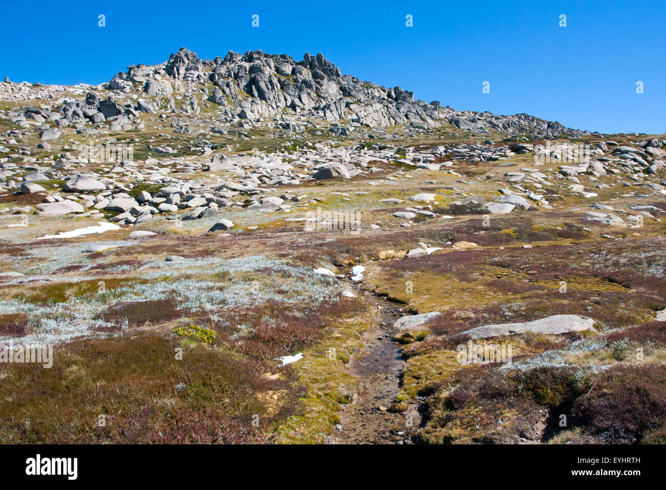 Una spettacolare vista su tutta la valle di Kosciuszko a piedi vicino al vertice di Thredo nelle montagne innevate, Nuovo Galles del Sud, Austr Foto Stock