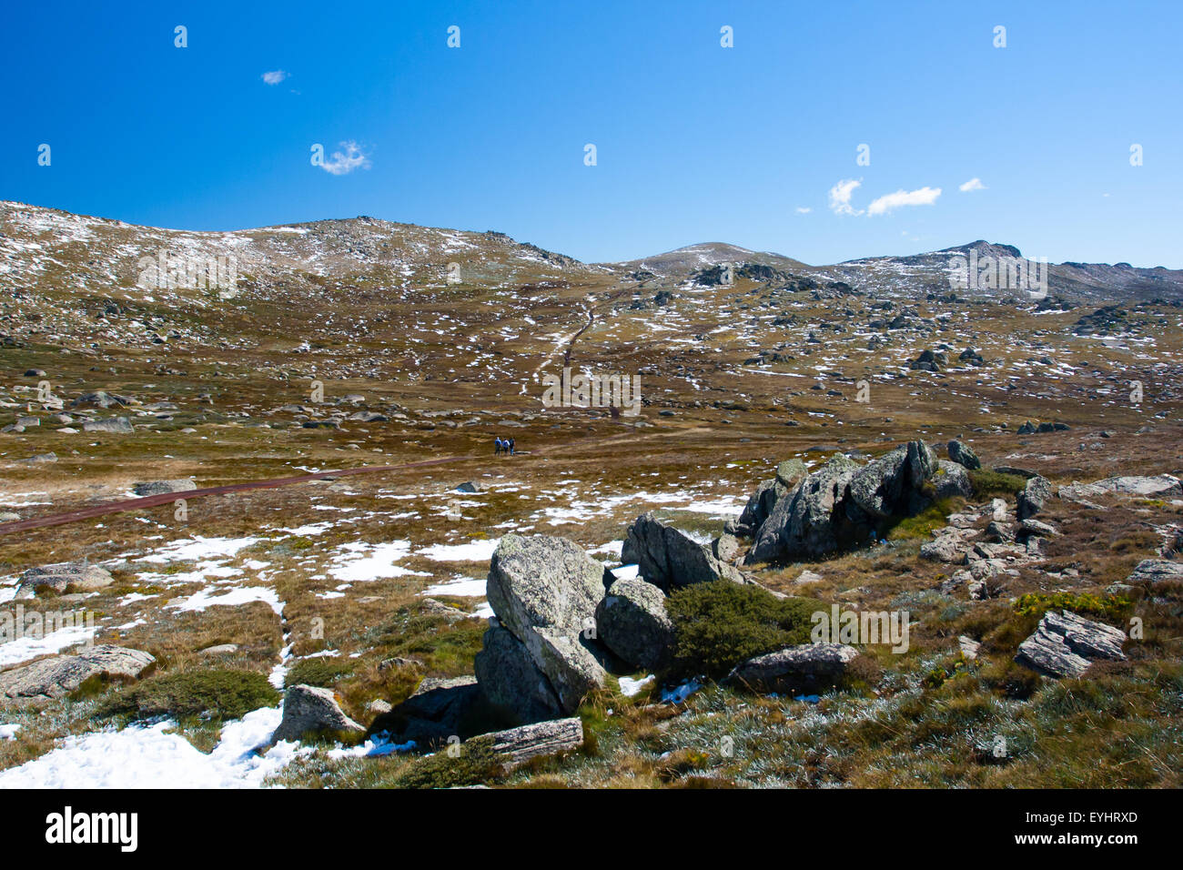 Una spettacolare vista su tutta la valle di Kosciuszko a piedi al vertice di Thredo guardando verso il Monte Kosciusko, nella neve Foto Stock