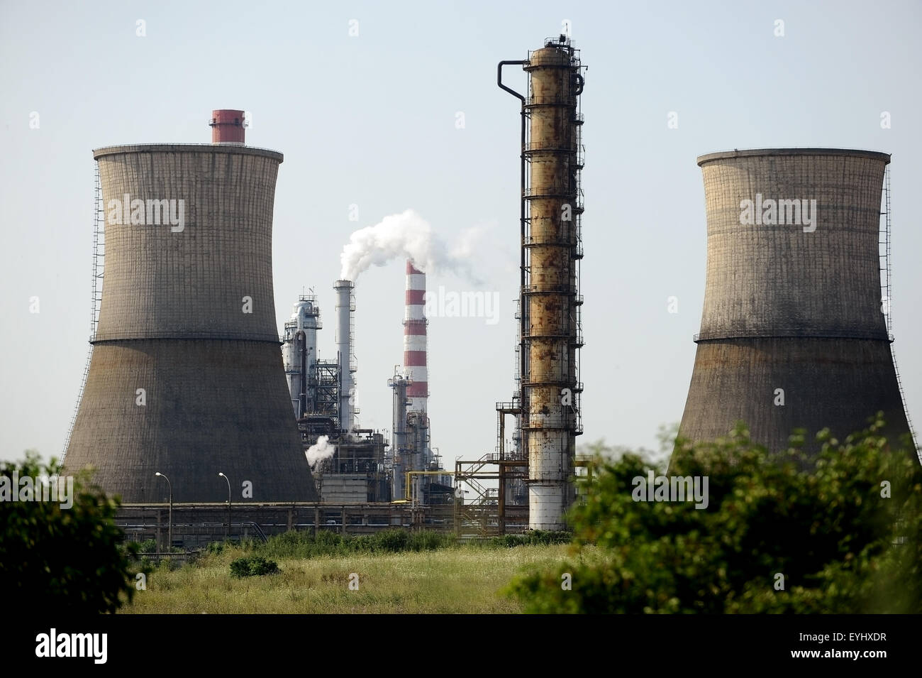 Paesaggio industriale con impianto petrolchimico visto attraverso le boccole Foto Stock