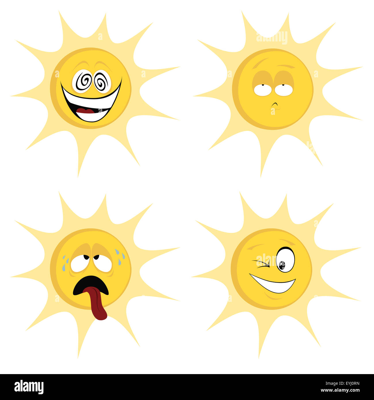 Raccolta di quattro colorati, simpatico personaggio sun icone (emoticon) con diversa espressione facciale Foto Stock