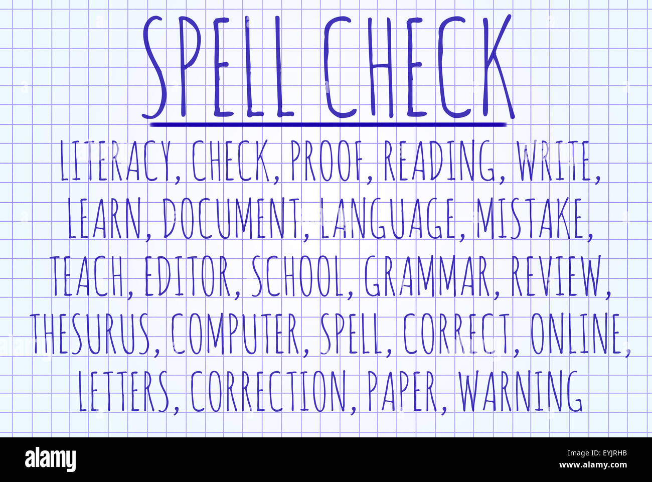 Esegui il controllo ortografico del nuvola di parole scritte su un pezzo di carta Foto Stock
