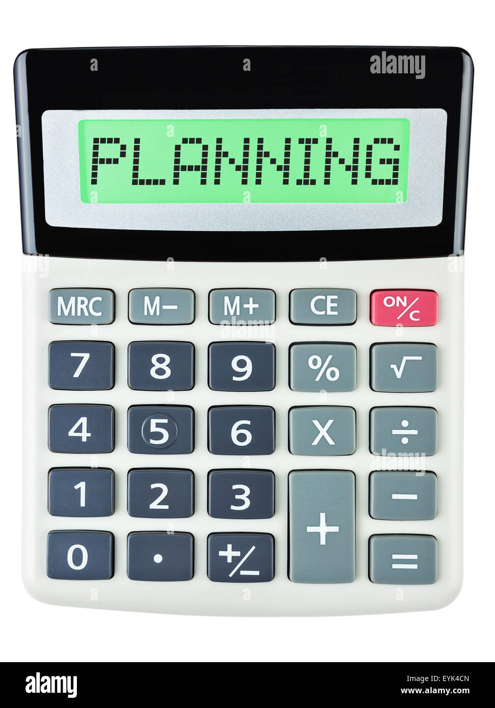 Calcolatrice con la pianificazione sul display isolati su sfondo bianco Foto Stock