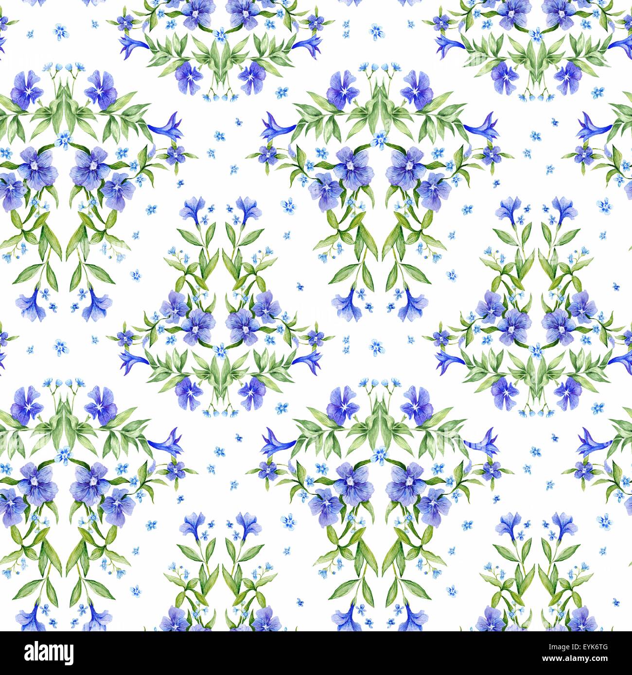 Seamless botanico illustrazione naturale con pervinca fiori viola per paese classico design su sfondo bianco Foto Stock