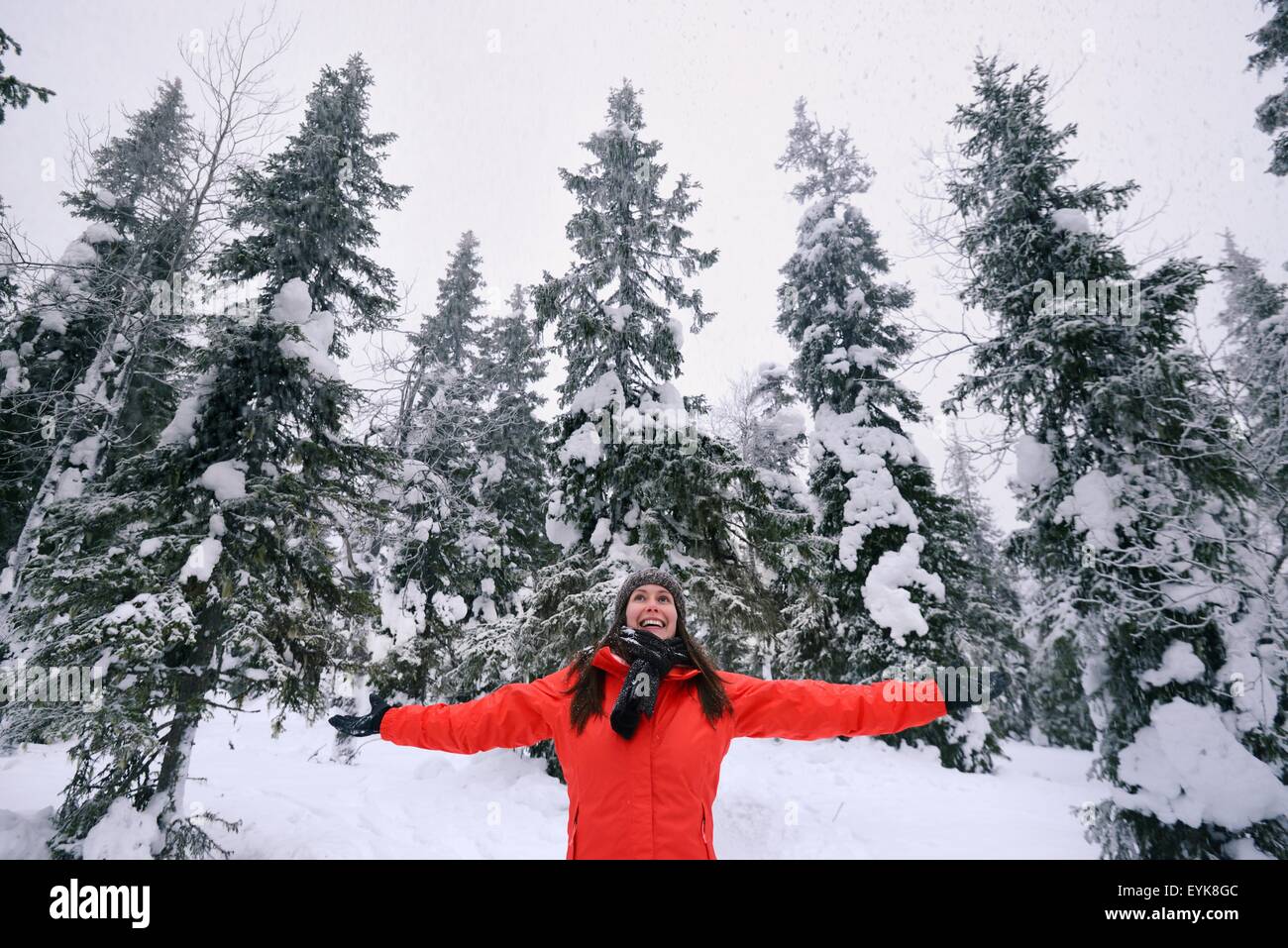 Giovane donna celebrando nella coperta di neve la foresta, Posio, Lapponia, Finlandia Foto Stock